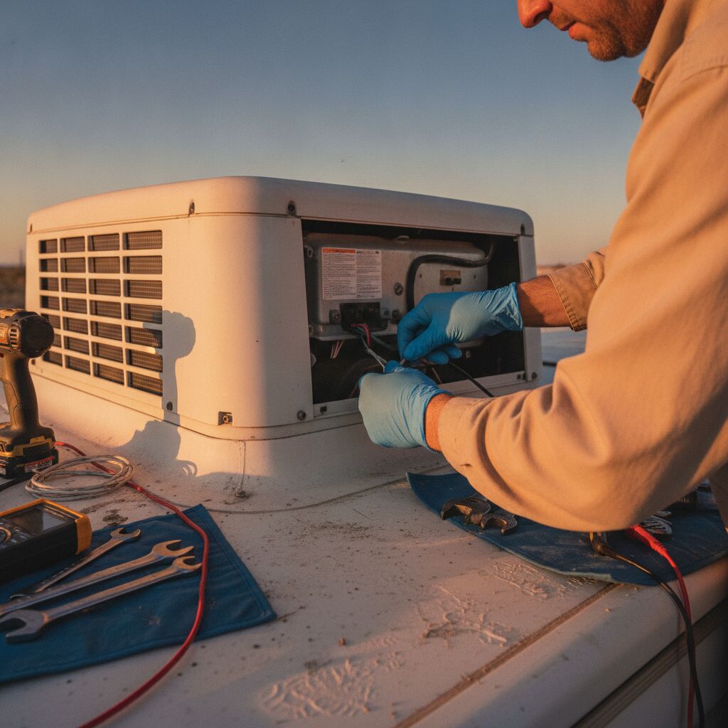 Technician repairing an RV rooftop AC unit