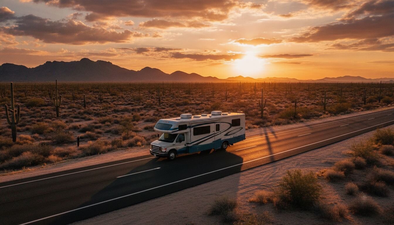 RV on the open Arizona desert highway at golden hour